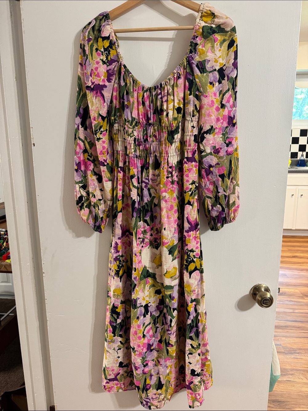 H&M Pink, Green & Yellow Floral Midi Dress with Puff Sleeves and Scoop Neck